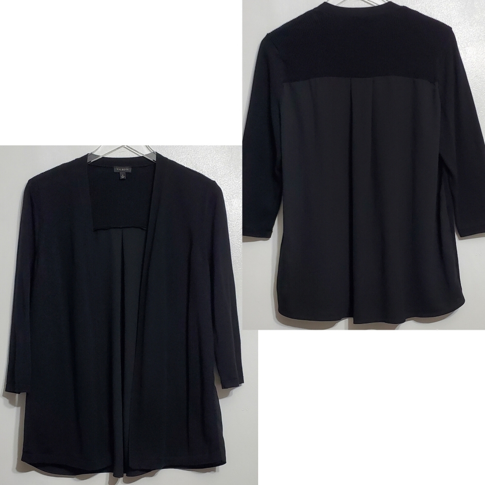 Talbots medium knit open cardigan sweater black 3/4 sleeves polyester back panel